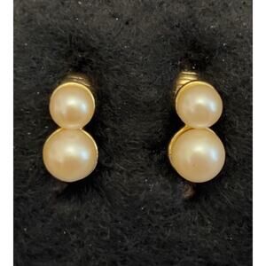 Vintage Double Faux Pearl Clip On Earrings Womens Gold Tone Minimalist Classic